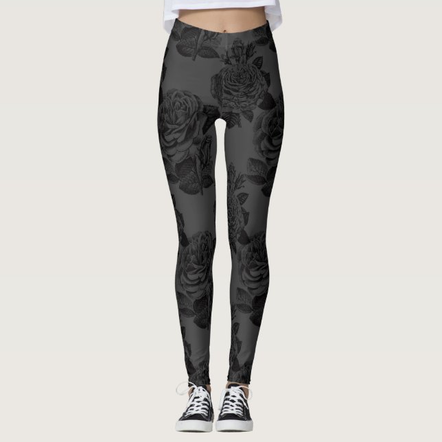 Grey Roses Black Leggings (Front)