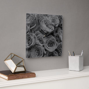 Grey roses, grey floral photo     square wall clock