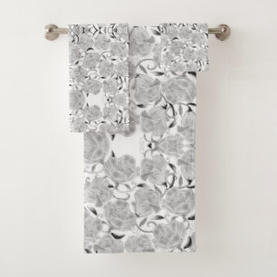 Grey Roses on White Bath Towel Set
