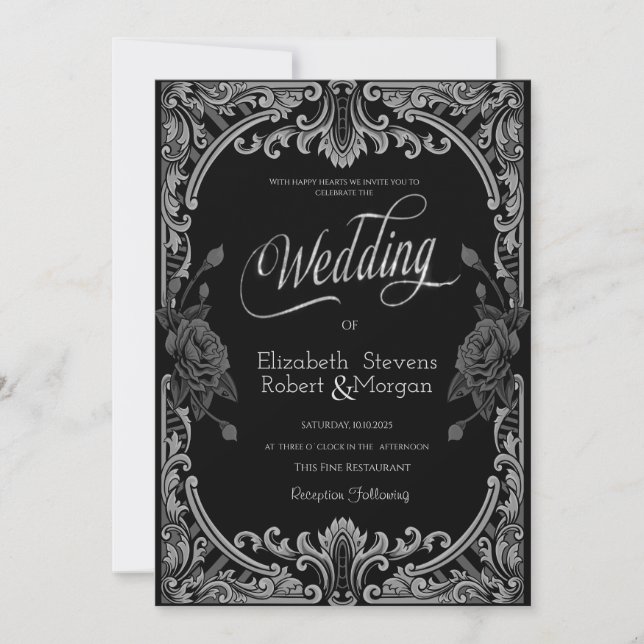 Grey Roses,Stripes Gothic Wedding Invitation (Front)