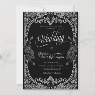Grey Roses,Stripes Gothic Wedding Invitation
