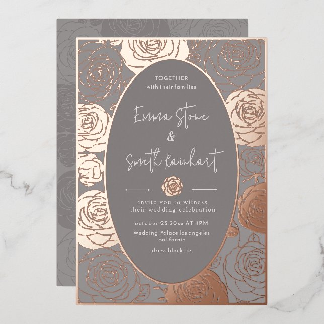 Grey Roses Wedding Foil Invitation (Front/Back)