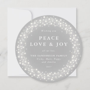 Grey Round Sparkling Lights Peace Love + Joy Holiday Card