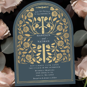Grey Royal Mediaeval Gold Sword Wedding Arch Invitation