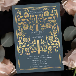 Grey Royal Mediaeval Gold Sword Wedding Invitation