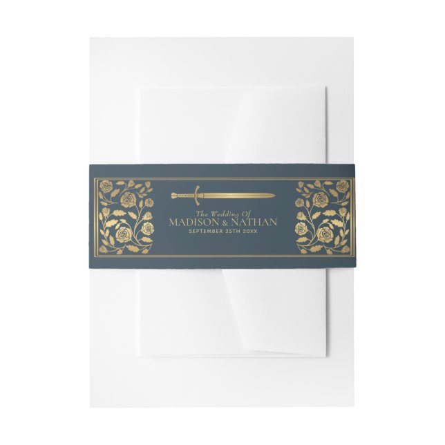 Grey Royal Mediaeval Gold Sword Wedding  Invitation Belly Band (Front Example)