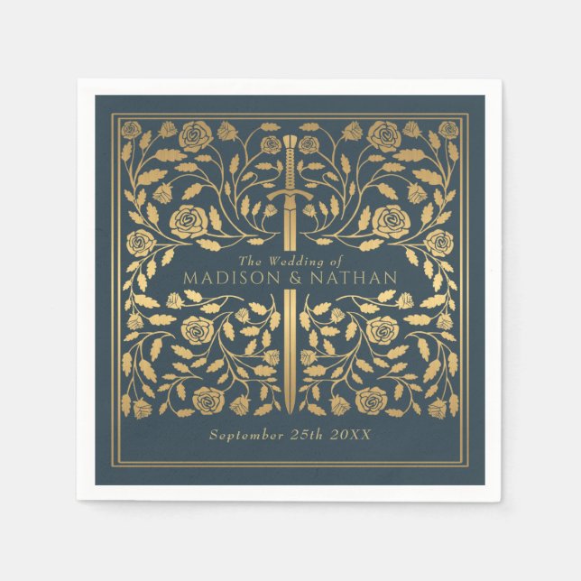 Grey Royal Mediaeval Gold Sword Wedding Napkin (Front)