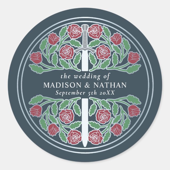 Grey Royal Mediaeval Silver Sword Wedding  Classic Round Sticker (Front)