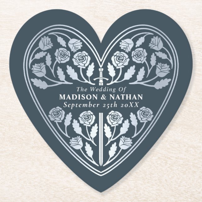 Grey Royal Mediaeval Silver Sword Wedding Paper Coaster (Front)