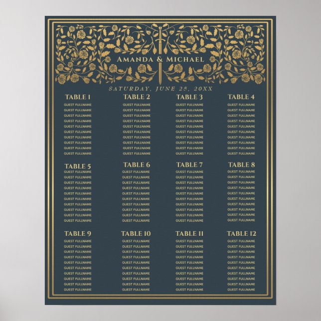 Grey Royal Mediaeval Sword Wedding Seating Chart (Front)