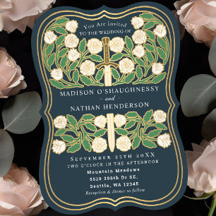 Grey Royal Mediaeval White Floral Sword Wedding Invitation