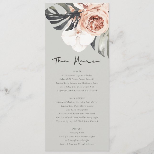 GREY RUST MONSTRERA FLORAL WATERCOLOR WEDDING MENU (Front)