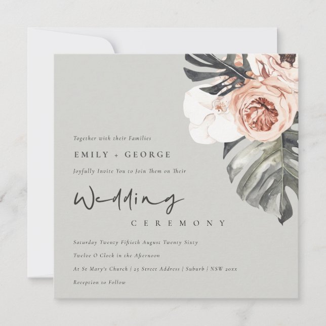 GREY RUST MONSTRERA WATERCOLOR FLORAL WEDDING  INVITATION (Front)