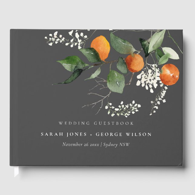Grey Rustic Boho Orange Blossom Botanical Wedding Guest Book (Front)