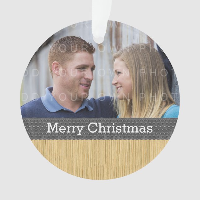 Grey Rustic Christmas Photo Ornament (Front)