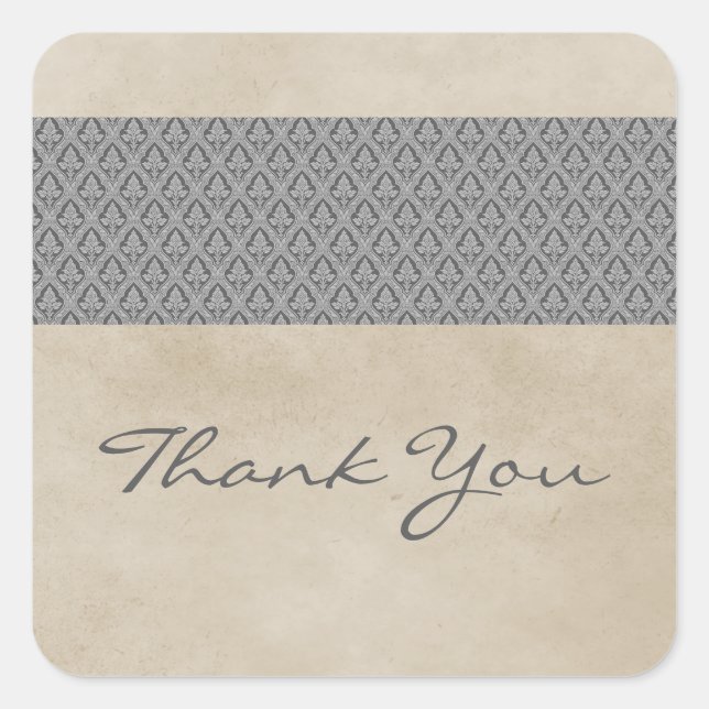 Grey Rustic Damask Thank You Stickers (Front)