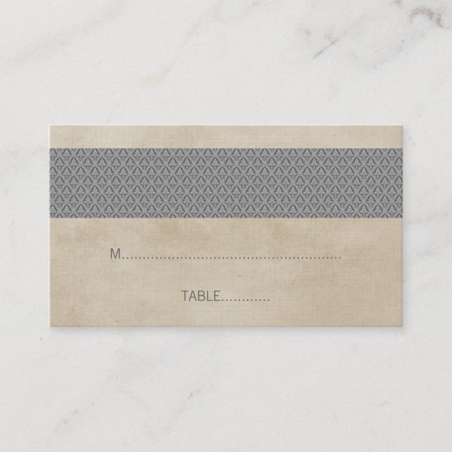 Grey Rustic Damask Wedding Place Card (Front)