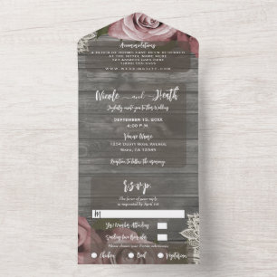 Grey Rustic Dusty Rose White Lace Wedding + RSVP All In One Invitation