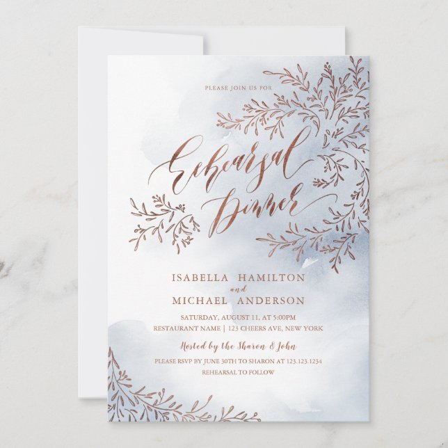Grey rustic floral calligraphy rehearsal dinner invitation (Front)