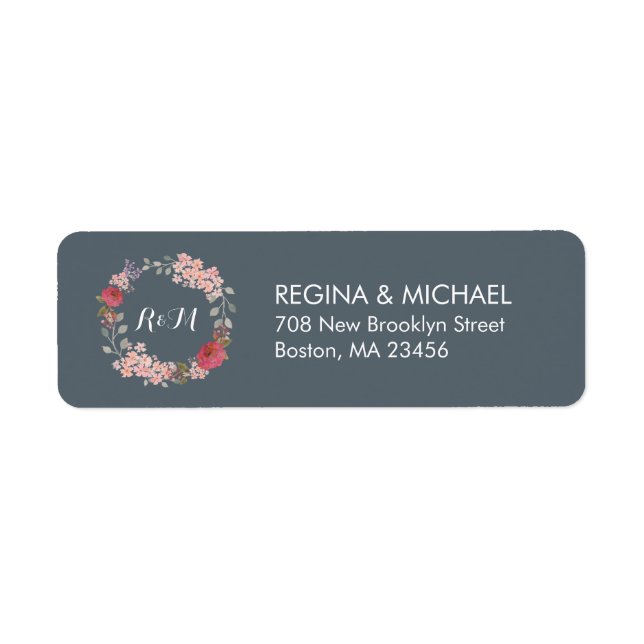 Grey Rustic Floral Wreath Monogram Address Label (Front)