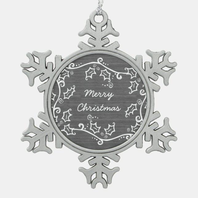 Grey Rustic Holly Snowflake Ornament (Front)