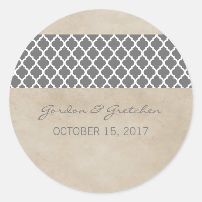 Grey Rustic Quatrefoil Wedding Stickers (Front)