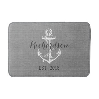 Grey Rustic Vintage Anchor Wedding Monogram Bath Mat