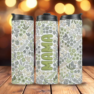 Grey Sage Boho Floral 3D Effect Mama Thermal Tumbler