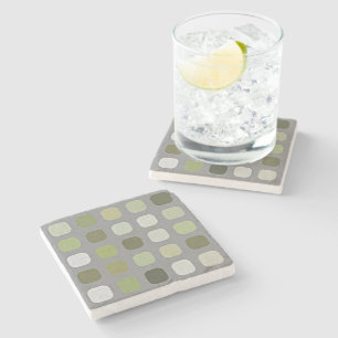 Grey Sage Olive Green Round Squares Art Pattern Stone Coaster