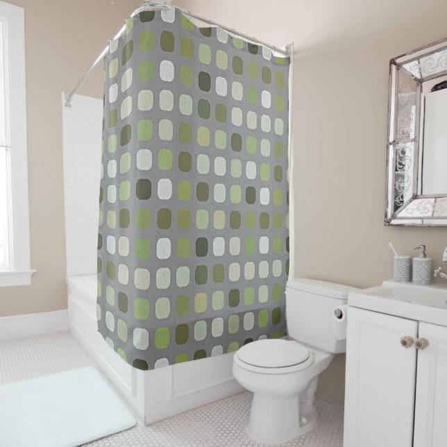 Grey Sage Olive Green Round Squares Art Shower Curtain (In Situ)