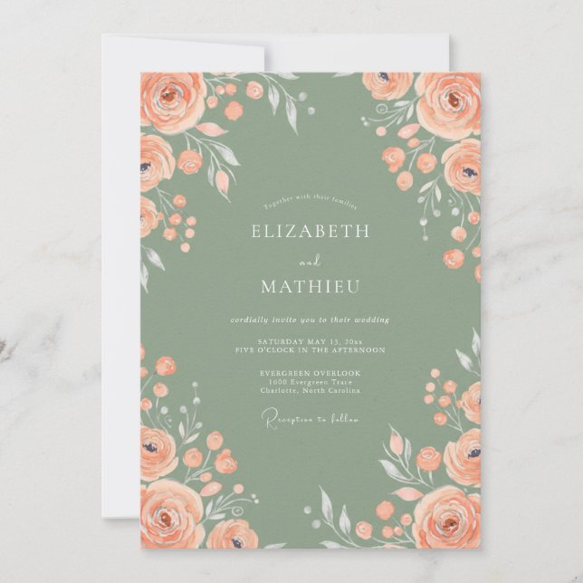 Grey Sage Peach Blossom Wedding Invitation (Front)
