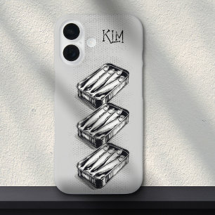 Grey Sardine Art Grunge Drawing Custom Monogram iPhone 16 Case