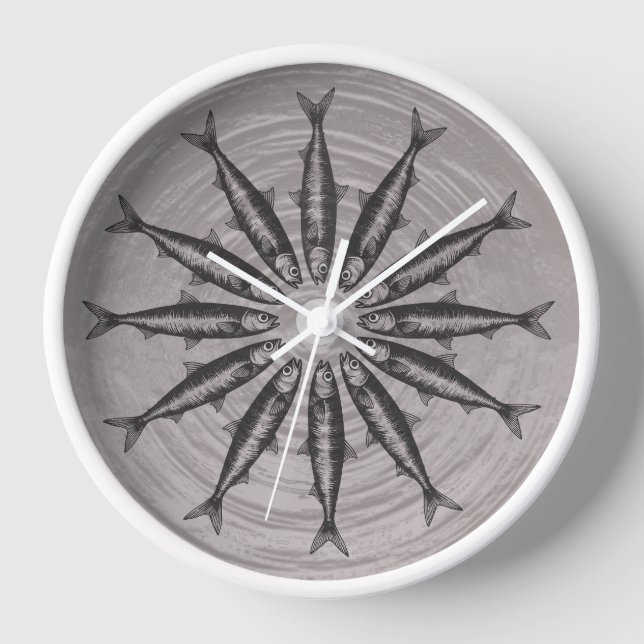 Grey Sardine Drawing Sketch Fish Pattern   Clock (Front)