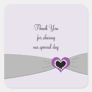 Grey Sash Purple Heart Wedding Thanks Square Sticker