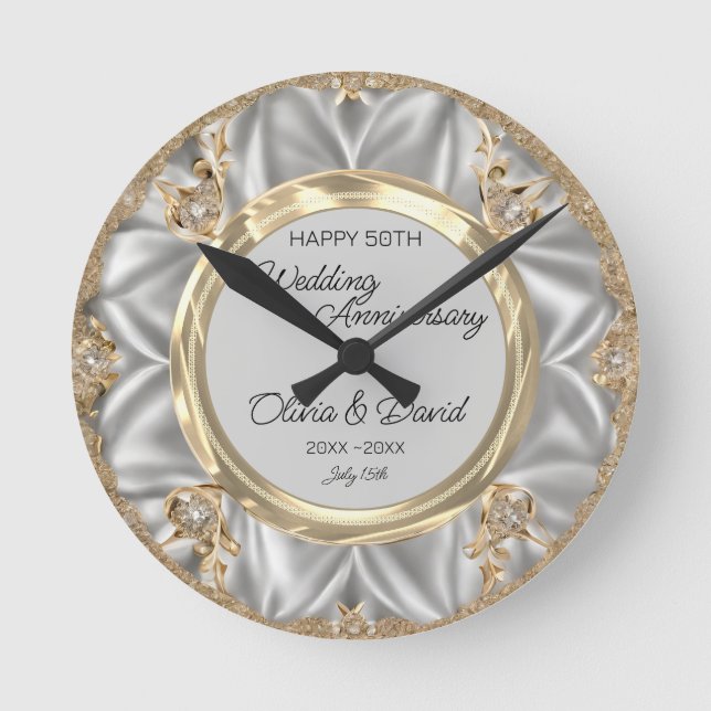 Grey Satin Silver Diamonds Wedding Anniversary  Round Clock (Front)
