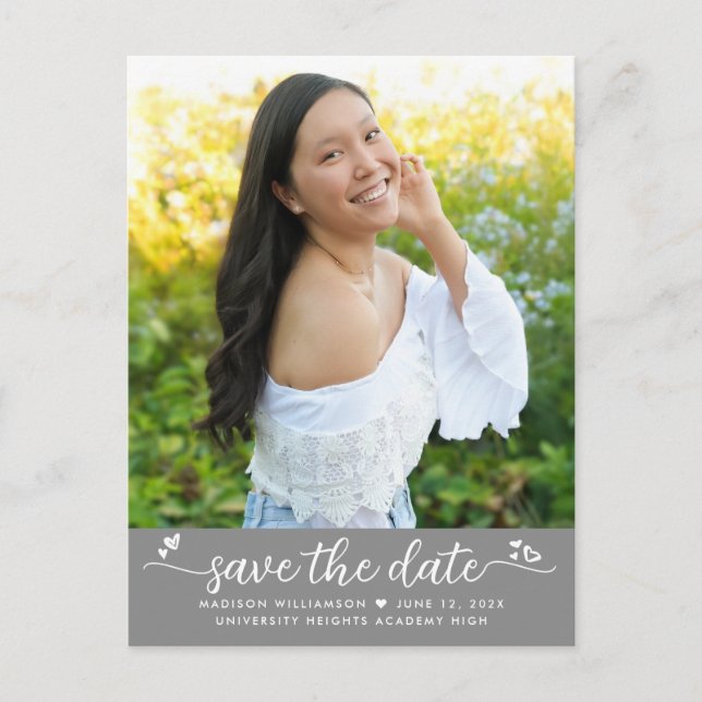 Grey Save the Date Graduation Photo Script Hearts Invitation Postcard (Front)