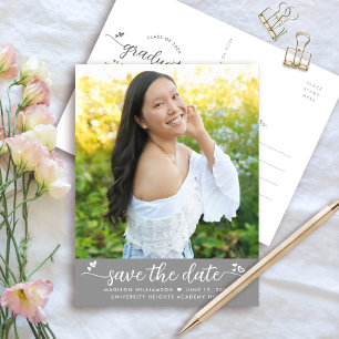 Grey Save the Date Graduation Photo Script Hearts Invitation Postcard
