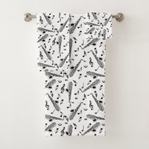 Grey Saxophone Music Note Pattern Bath Towel Set