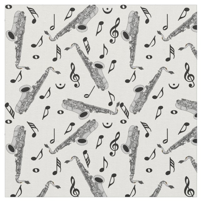 Grey Saxophone Music Note Pattern Fabric (Close Up)