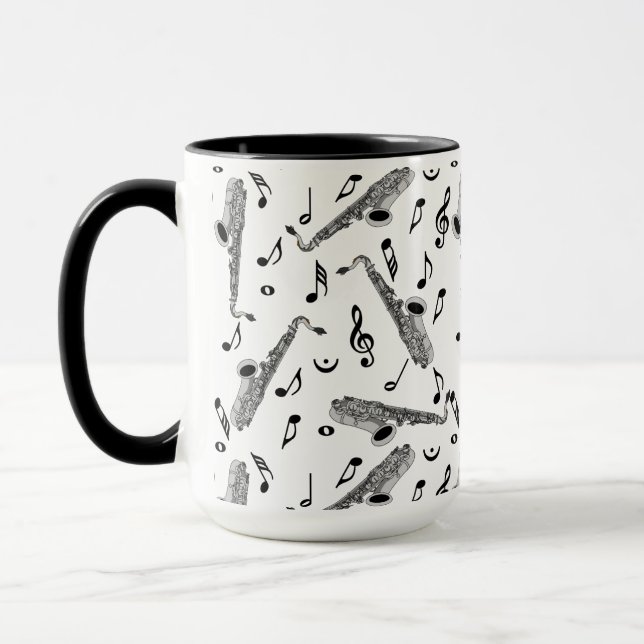 Grey Saxophone Music Note Pattern Mug (Left)