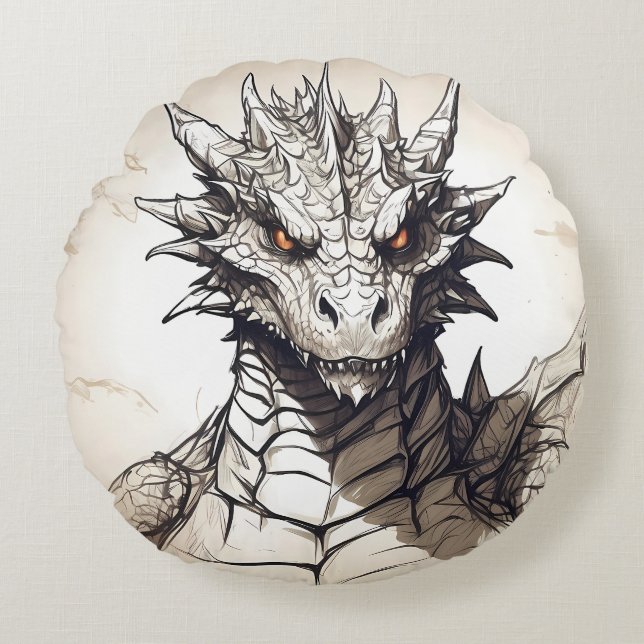 Grey Scale Dragon Round Cushion (Front)