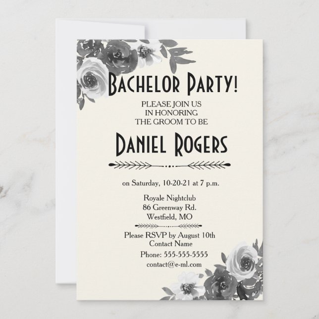 Grey Scale of Autumn Floral Bachelor Party Invitation (Front)