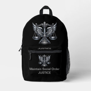 Grey Scales of Justice Attorney Office on Black Printed Backpack