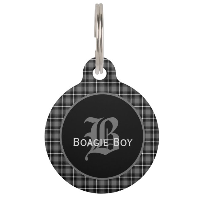 Grey Scottish Plaid Monogram Large Pet Tag (Front)