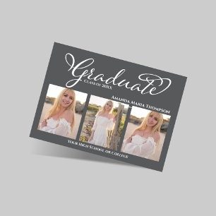 Grey Script 3 Photo Graduation Announcement