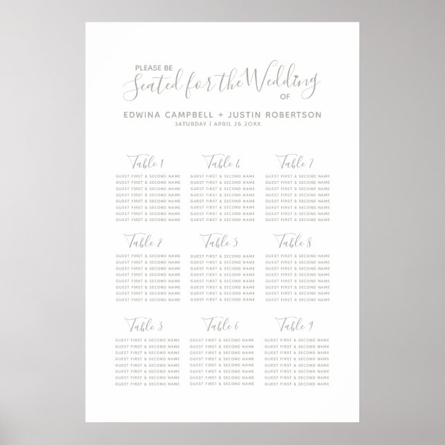 Grey script heart art wedding table plan poster (Front)