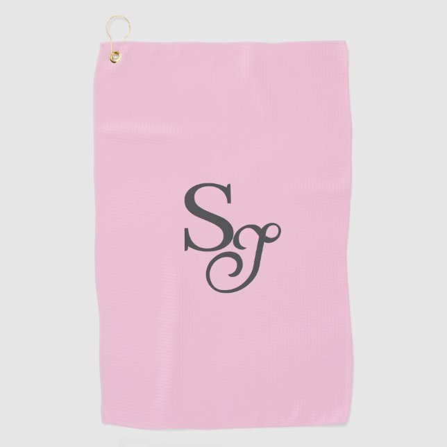 Grey script initial monogram pink golf towel (Front)