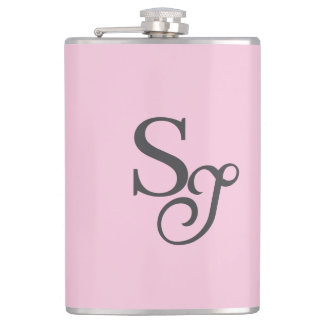 Grey script initial monogram pink hip flask