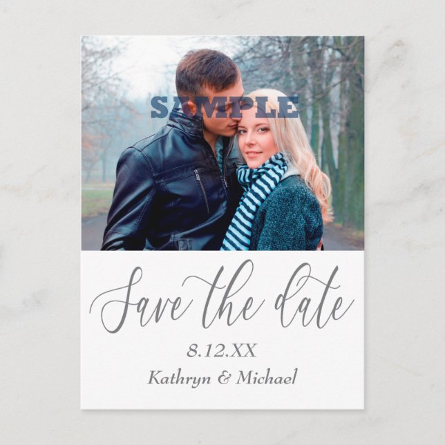 Grey Script Photo Template Save the Date Wedding Postcard (Front)