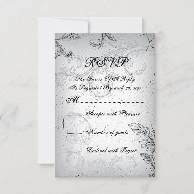 Grey scroll 25th silver wedding anniversary RSVP (Front)